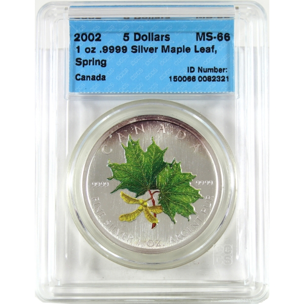 2002 $5 Green Coloured Silver Maple Leaf - Spring 1oz .9999 Fine Silver Coin CCCS MS66 (Tax Exempt)
