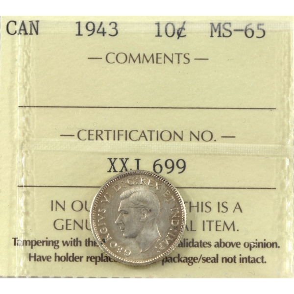 10-cent 1943 ICCS MS65