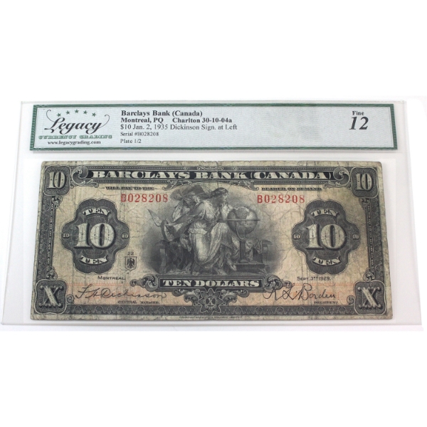 30-10-04a 1935 $10 Barclays Bank Legacy F12 Dickson Sign at Left SN: B028208