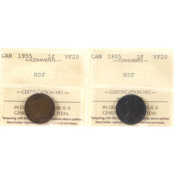 1-cent 1955 NSF ICCS VF20. 2pcs.