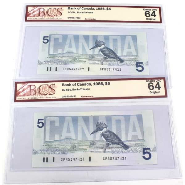 BC-56c 1986 $5 Consecutive BCS CUNC64 Original Bonin-Thiessen SN: GPR5347421-"22. 2pcs.