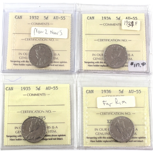 5-cent 1932, 1934, 1935 & 1936 ICCS AU55. 4pcs