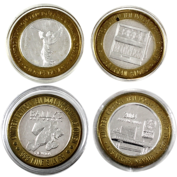 Limited Edition Ten Dollar Gaming Tokens .999 Fine Silver - Various Casinos. 4pcs.