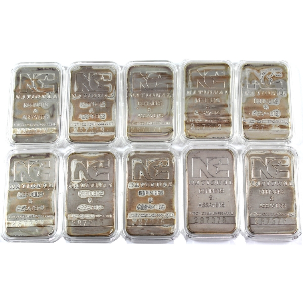 10x 1oz National Refiners Vintage .999+ Silver Bars *Consecutive!* 10pcs. (Tax Exempt)