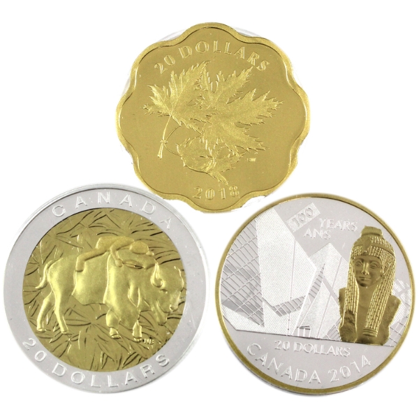 2014 & 2018 $20 .9999 Fine Silver Coins with Gold Plating. 3pcs. (Tax Exempt)