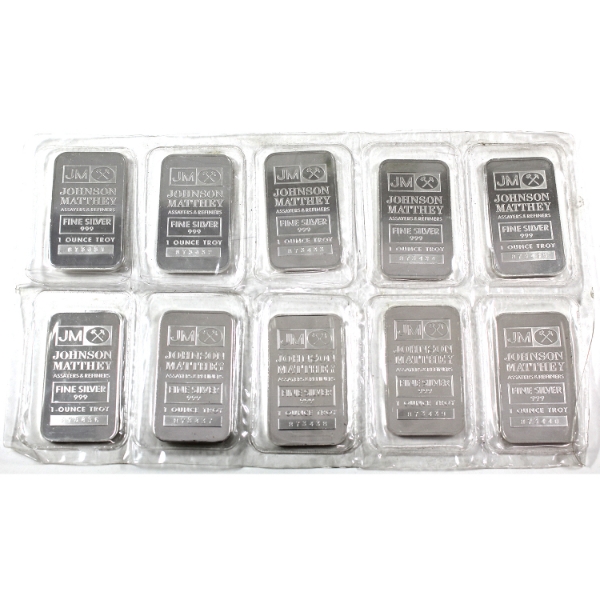 10x 1oz Johnson Matthey .999 Fine Silver bars in Sealed Sheet. 10pcs