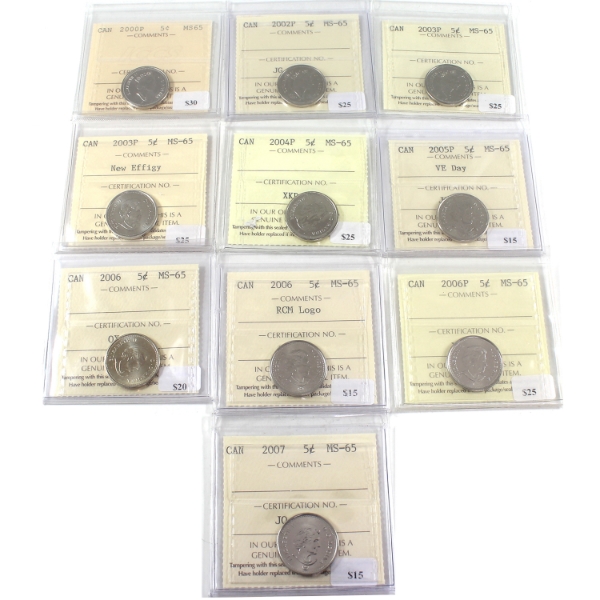 5-cent 2000-2007 ICCS MS65. 10pcs