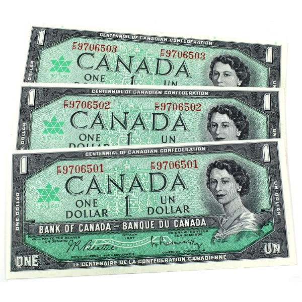 BC-45b-i 1967 $1 Consecutive Beattie-Rasminsky SN:F/P9706501-"03. 3pcs.