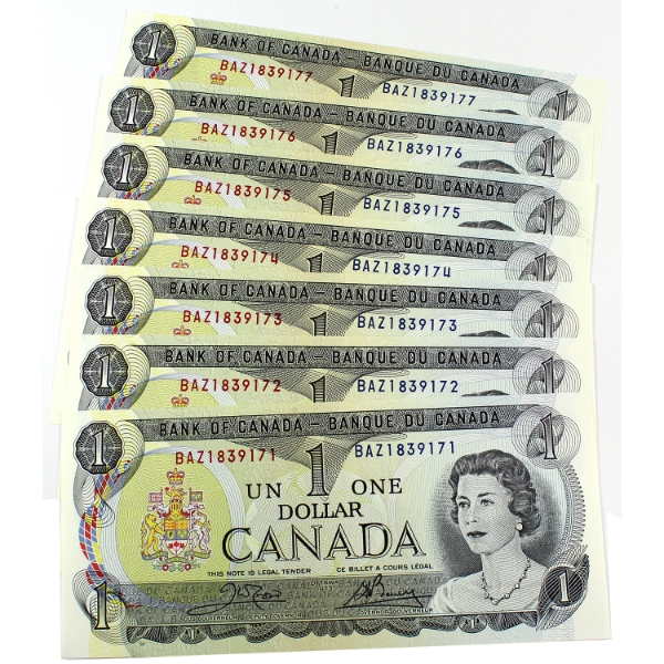 BC-46a 1973 $1 Consecutive Crow-Bouey SN:BAZ1839171-"77. 7pcs.