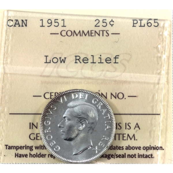 25-cent 1951 Low Relief ICCS PL65