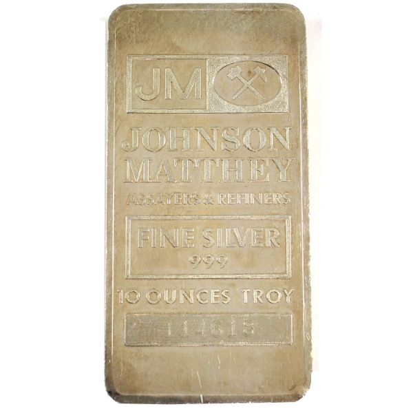 10oz JM Johnson Matthey .999 Fine Silver Bar w/ Blank Back (Tax Exempt)