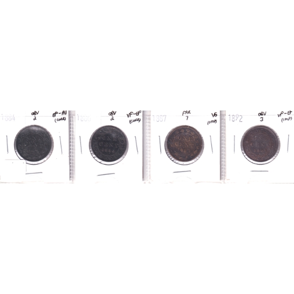 Group Lot of 1-cent 1884-1892 VG to EF-AU in 4-Pocket Sheet. 4pcs.