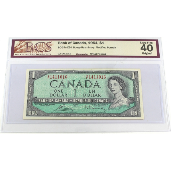 ERROR BC-37c-E3-i 1954 $1 Offset Printing Error   BCS EF40 Original Bouey-Rasminsky 