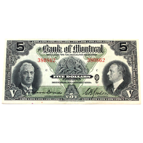 505-62-02 1928 Bank of Montreal $5 AU Dodds-Gordon SN: 380862