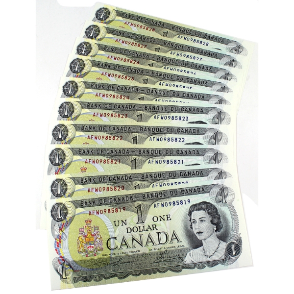 BC-46a-i 1973 $1 Consecutive Lawson-Bouey SN:AFW0985819-"28. 10pcs.