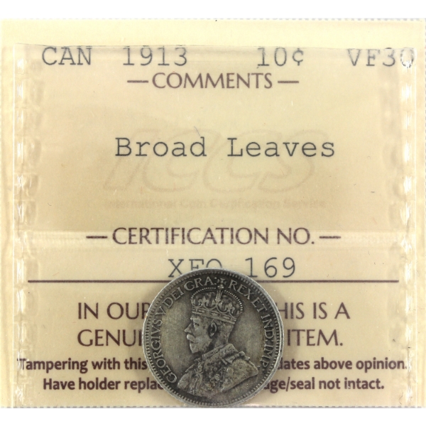 10-cent 1913 Broad Leaves ICCS VF30