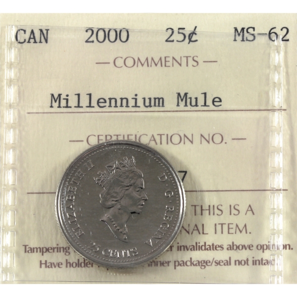 Error 25-cent 2000 Millennium Mule ICCS MS62 (Queen Portrait)