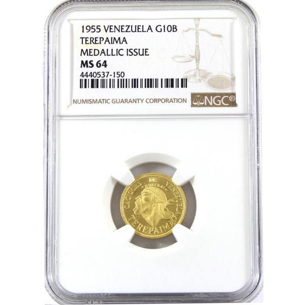 Venezuela Gold 1955 10 Bolivar Chief Terepaima from the 'Chiefs' Series Medallic Issue NGC MS64