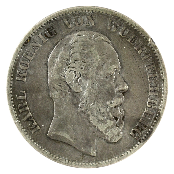 Germany Silver 1876F 5 Mark Wurttemberg VF-EF