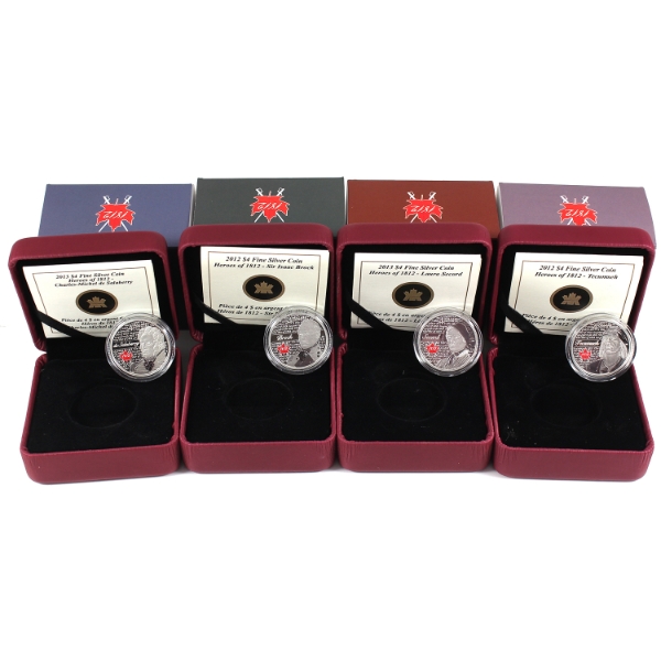 Group Lot of 2012-2013 $4 Heroes of 1812 .9999 Fine Silver Coins. 4pcs. (Tax Exempt)