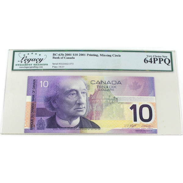 BC-63b 2001 $10 Missing Circle Legacy CUNC64 PPQ Knight-Dodge SN:FEE0021573