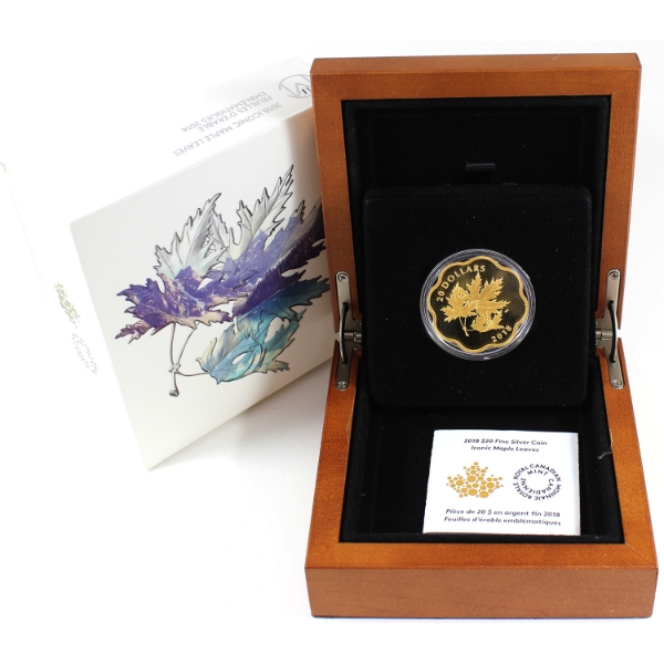 2018 $20 Iconic Maple Leaves .9999 Fine Silver Coin w/ Full Gold Plating (Tax Exempt)