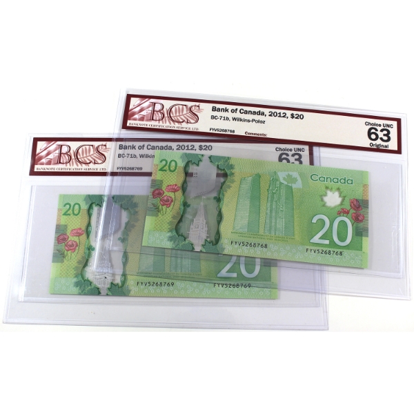 BC-71b 2012 $20 Consecutive BCS Choice UNC63 Original Wilkins-Poloz SN:FYV5268768-"69. 2pcs