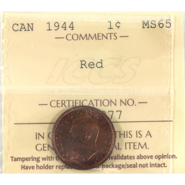 1-cent 1944 ICCS MS65 Red 
