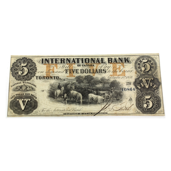 380-10-12-16a 1858 $5 International Bank VF-EF Fitch SN: 10864
