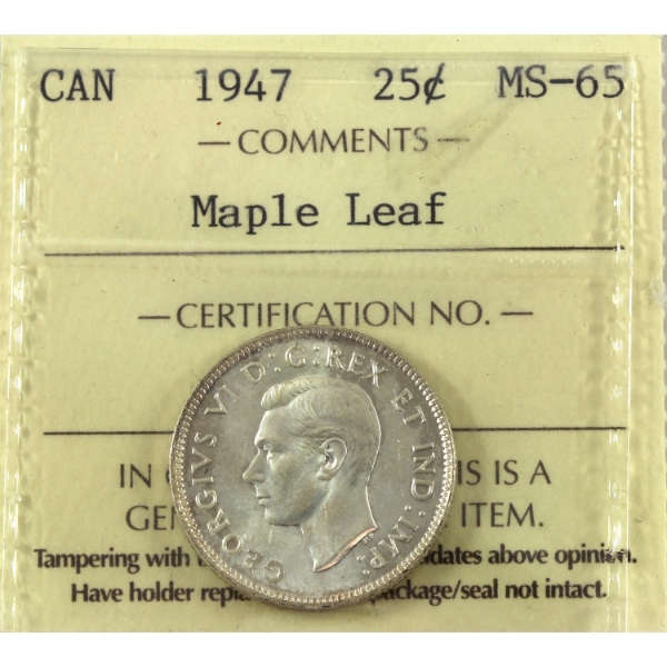 25-cent 1947 Maple Leaf ICCS MS65