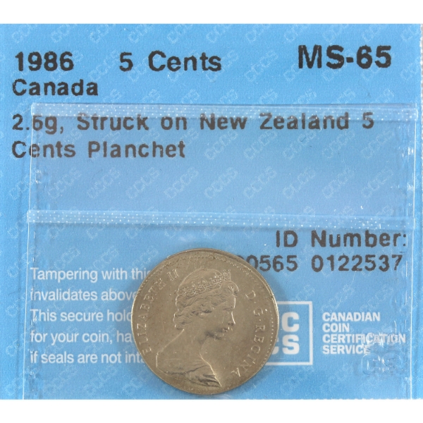 ERROR 5-cent 1986 Struck On New Zealand 5-cent Planchet CCCS MS65