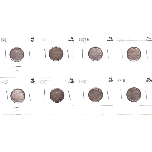 Bulk Lot of 10-cent 1901-1910 AG in 8-Pocket Sheet. 8pcs. (Impaired)