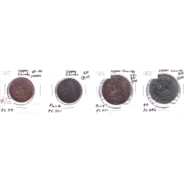 1852-1857 Bank of Upper Canada Half Penny & Penny Tokens VF-EF to EF-AU in 4-Pocket Sheet. 4pcs.