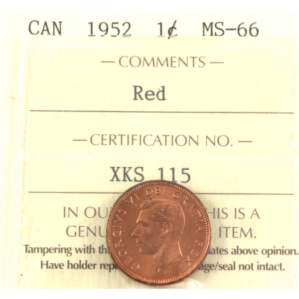 1-cent 1952 ICCS MS66 Red