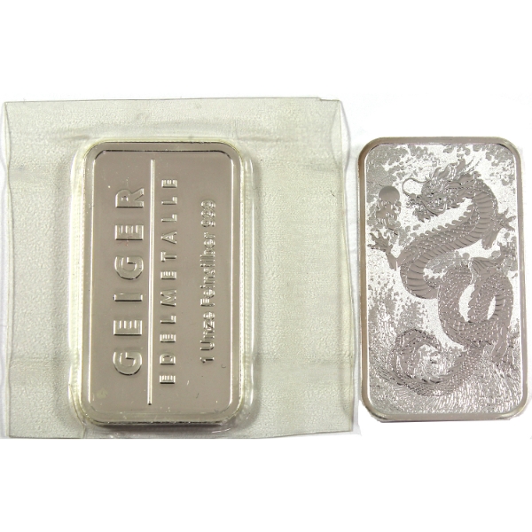 2x 1oz Geiger Edelmetalle & Australia 2024 $1 Year of the Dragon .999 Fine Silver Bars. 2pcs.