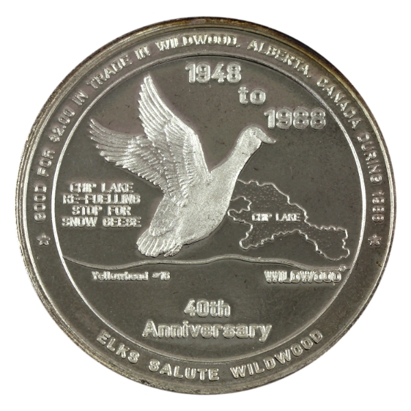 Canada-Wildwood AB 1988 $2 Goose/Elk Trade Dollar 1oz-Silver, 38mm (Tax Exempt)