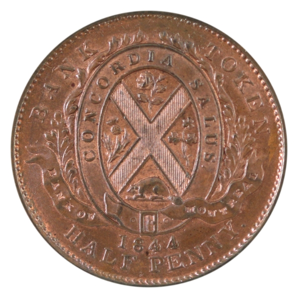 BR-527, CH-PC-1B3 1844 Bank of Montreal Half Penny Token in UNC+ (Red & Brown)