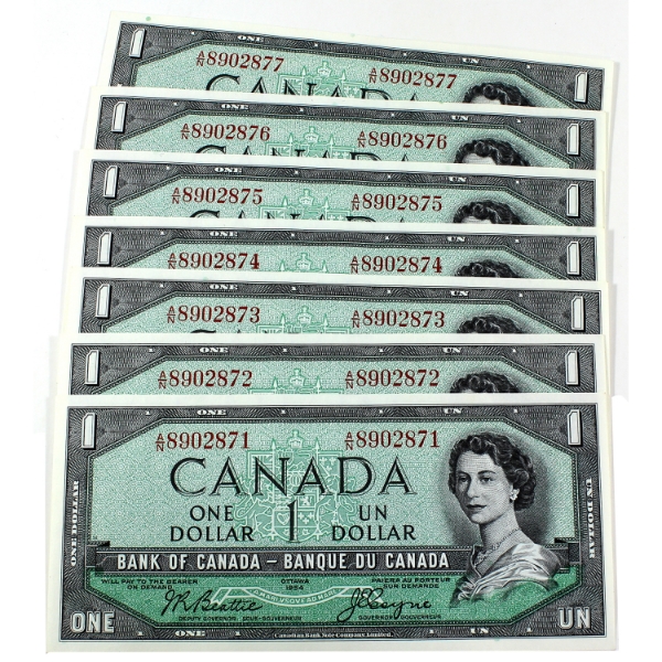 BC-37a 1954 $1 Modified Portrait Consecutive UNC or Better Beattie-Rasminsky SN: A/N8902871-"77. 