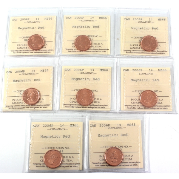 8x 1-cent 2006P Magnetic ICCS MS66 Red. 8pcs.