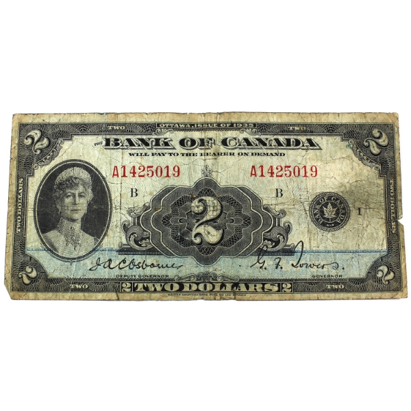 BC-3 1935 $2 English VG Osborne-Towers SN:A1425019 Check Letter B