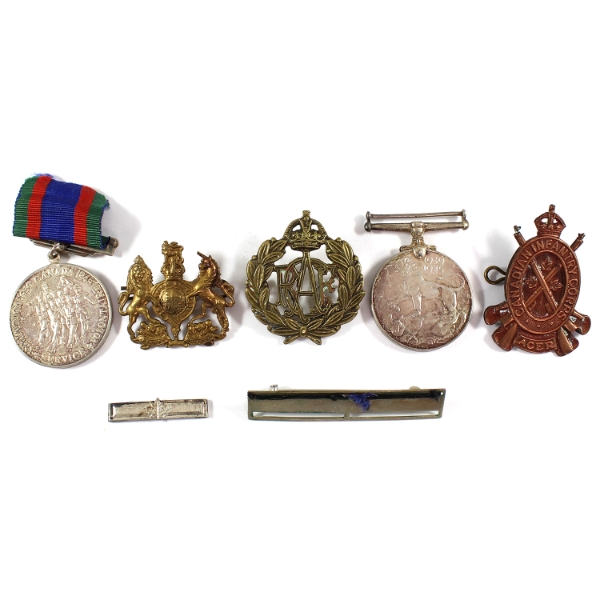 Group Lot of WWII Medals & Cap Badges Addressed to Margaret Legget in 1949. 9pcs.