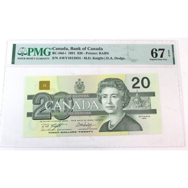BC-58d-i 1991 $20 PMG Superb GEM UNC67 EPQ Knight-Dodge SN: AWY1012834