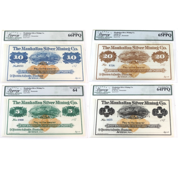 Manhattan Silver Mining Co 1870's Austin, NV Legacy CUNC64 to GEM UNC66 Remainder Banknotes. 4pcs. 