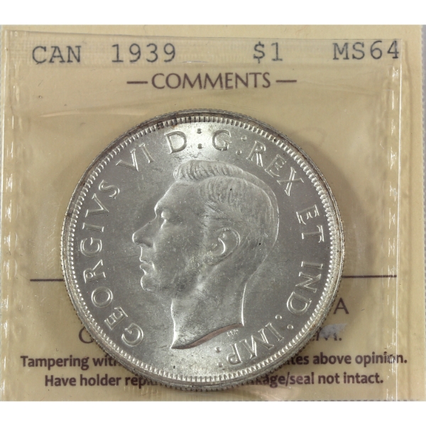 Silver $1 1939 ICCS MS64