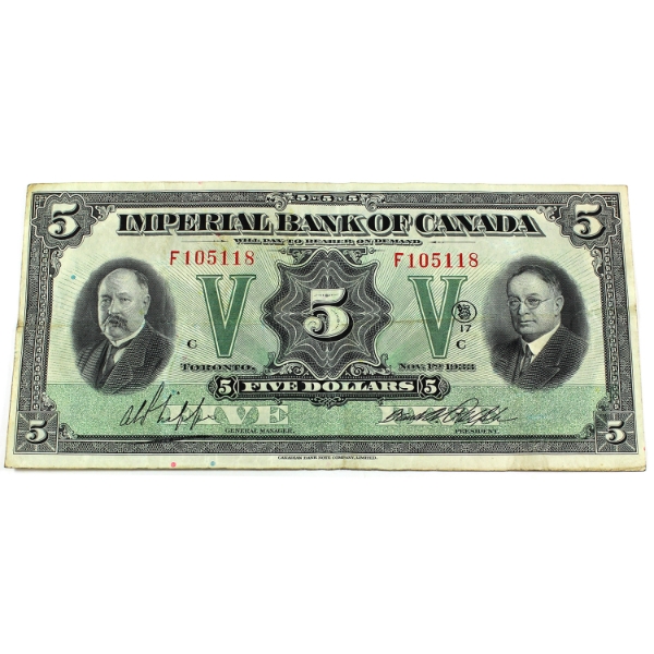 375-20-02 1933 $5 Imperial Bank of Canada VF-EF Phipps-Rolph SN: F105118