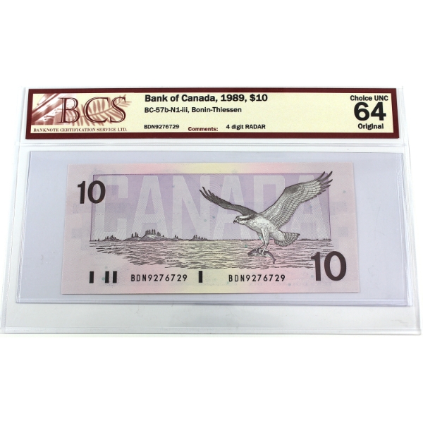 RADAR BC-57b-N1-iii 1989 $10 4-Digit RADAR BCS CUNC64 Original Bonin-Thiessen SN: BDN9276729