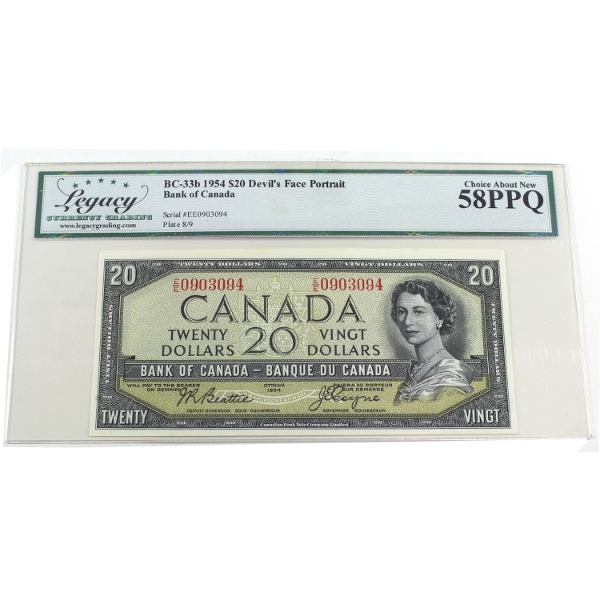 BC-33b 1954 $20 Devil's Face Legacy Choice AU58 PPQ Beattie-Coyne SN: E/E0903094