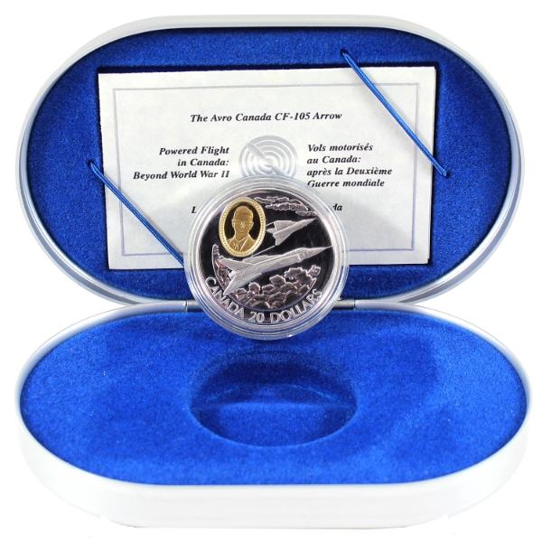 1996 $20 Avro Arrow CF-105 Sterling Silver Coin w/ 24-Karat Gold Plated Cameo