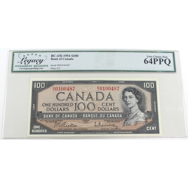 BC-43b 1954 $100 Legacy CUNC64 PPQ Beattie-Rasminsky SN: B/J0100487