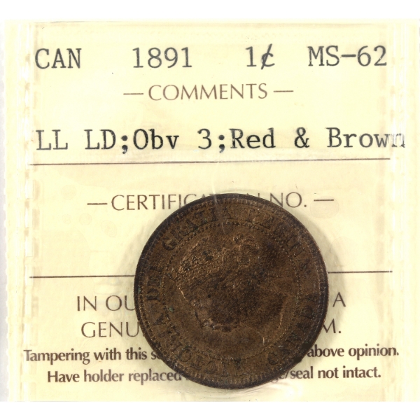 1-cent 1891 LL LD; Obv 3 ICCS MS62 Red & Brown